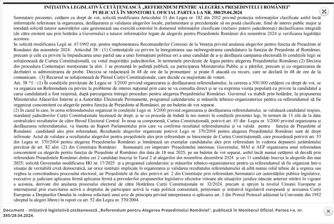 Document – Inițiativă legislativă cetățenească „Referendum pentru Alegerea Președintelui României”, publicată în Monitorul Oficial, Partea I-a, nr. 380/29.04.2024.